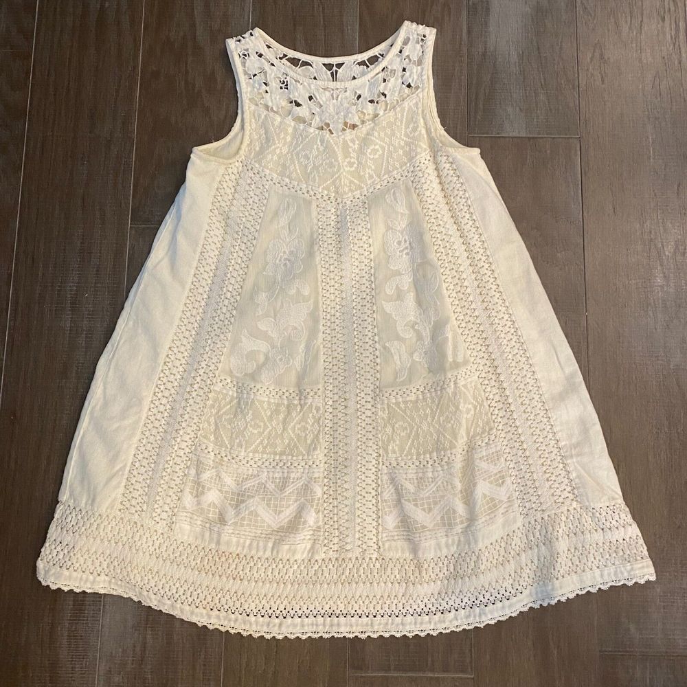 Vanessa Virginia Boho Dress Women's 6 Ivory 100% Cotton Lace Crochet Scoop Neck